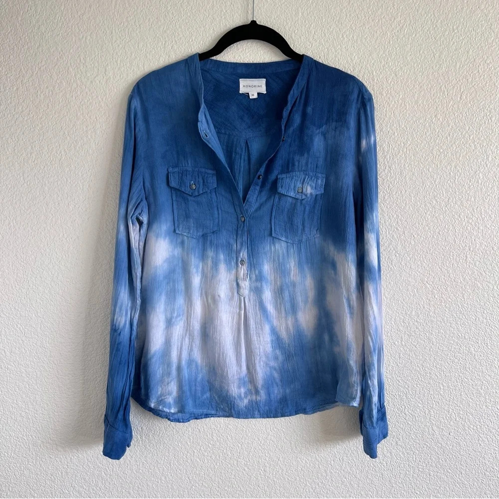 Honorine Tie-Dye Print V-Neck Blouse‎ Blue